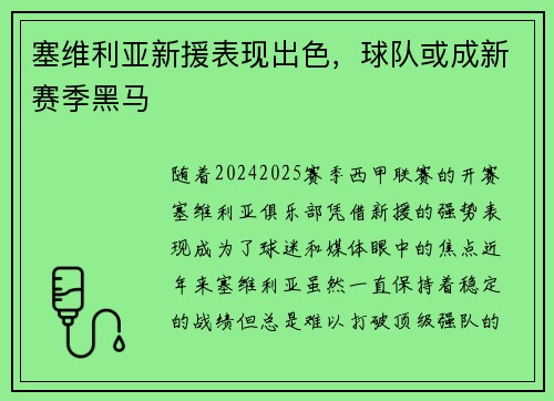 塞维利亚新援表现出色，球队或成新赛季黑马