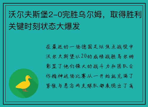 沃尔夫斯堡2-0完胜乌尔姆，取得胜利关键时刻状态大爆发