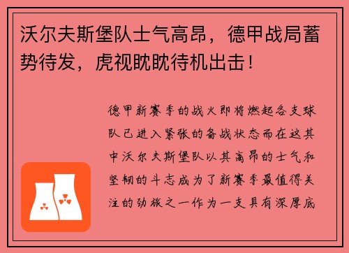 沃尔夫斯堡队士气高昂，德甲战局蓄势待发，虎视眈眈待机出击！